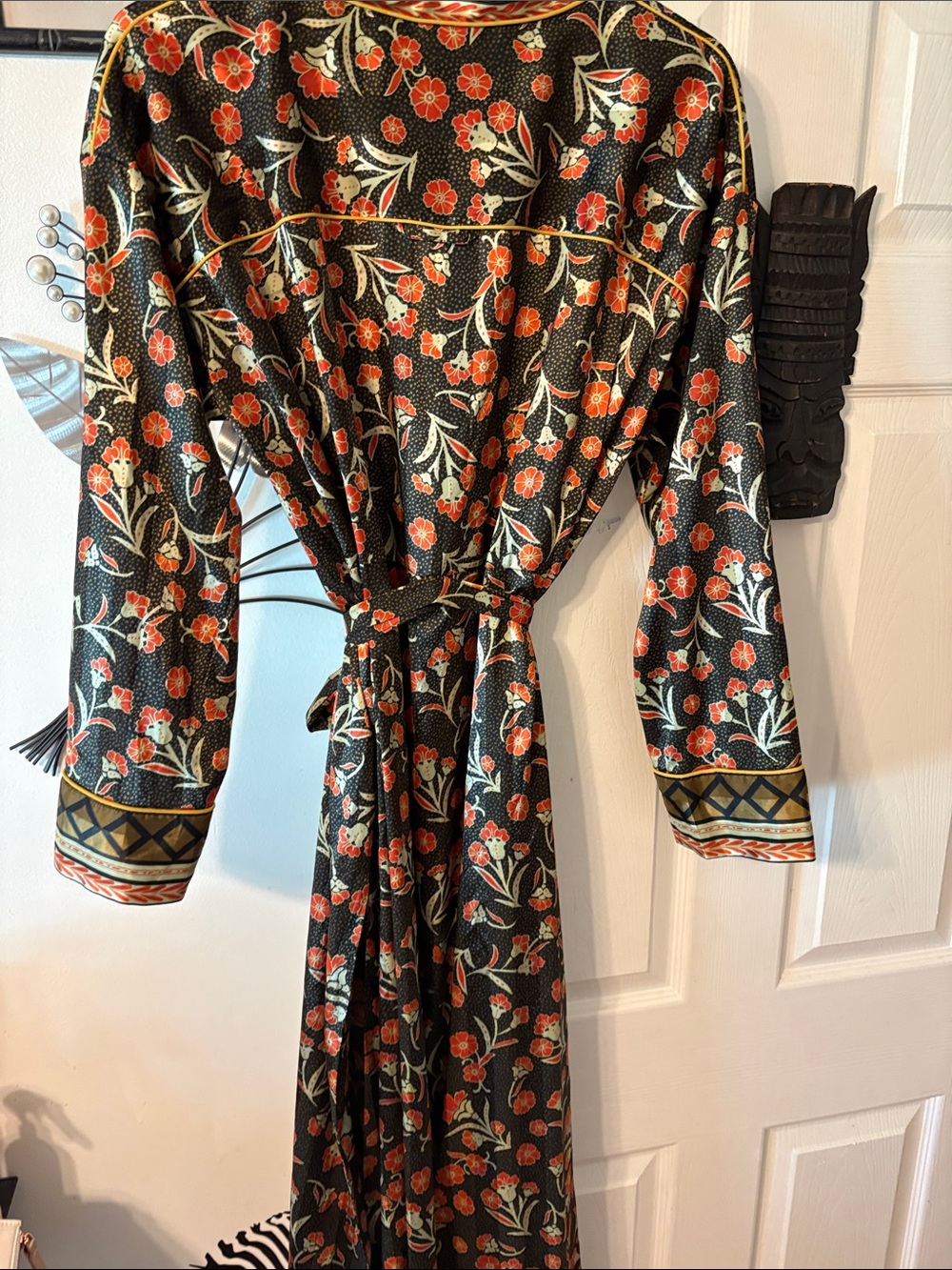Floral Black & Red Long Robe with Trimmed Border - Picture 3 of 3